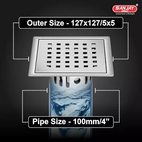 Sanjay Chilly Square Zoom Golden Floor Drainer with Cockroach Trap Silver 127 x 127 mm, SCCT-SZ-GS-127