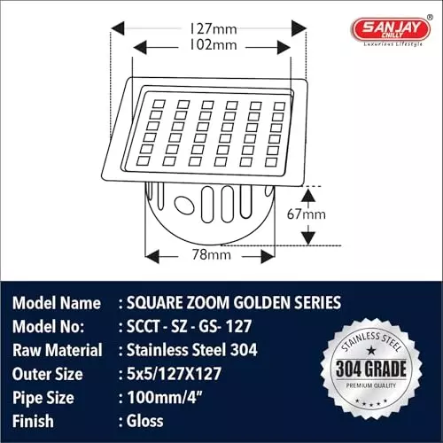 Sanjay Chilly Square Zoom Golden Floor Drainer with Cockroach Trap Silver 127 x 127 mm, SCCT-SZ-GS-127