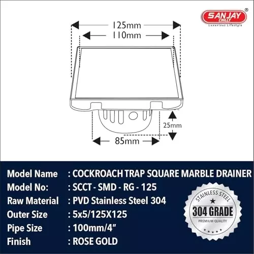 Sanjay Chilly Square Marble Floor Drainer with Cockroach Trap Gold 127 x 127 mm, ‎SCCT-STD-RG-125