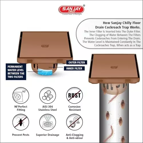 Sanjay Chilly Square Marble Floor Drainer with Cockroach Trap Gold 127 x 127 mm, ‎SCCT-STD-RG-125