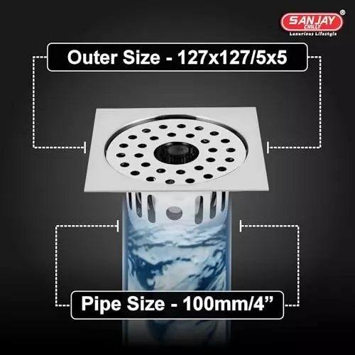Sanjay Chilly Square Gypsy Floor Drainer with Cockroach Trap and Pipe Hole Silver 127 x 127 mm, ‎SCCT-SG-127