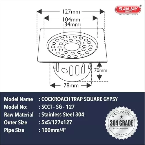 Sanjay Chilly Square Gypsy Floor Drainer with Cockroach Trap and Pipe Hole Silver 127 x 127 mm, ‎SCCT-SG-127