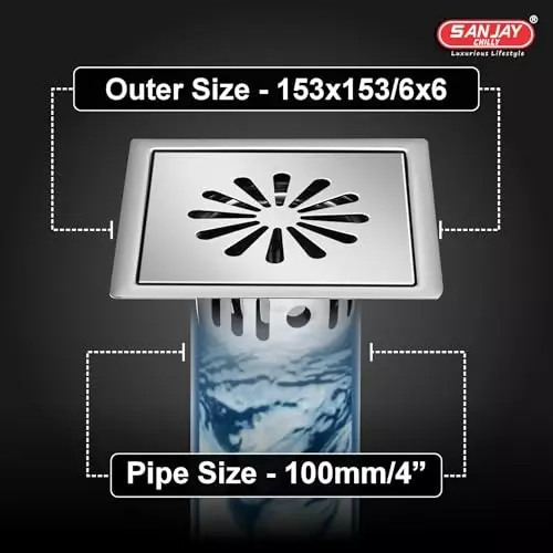Sanjay Chilly Square Ezee Floor Drainer with Cockroach Trap Silver 153 x 153 mm, SCCT-SE-GS-153