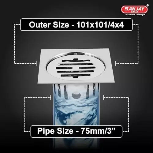 Sanjay Chilly Square Classic Floor Drainer with Cockroach Trap Silver 101 x 101 mm, ‎SCCT-SC-101