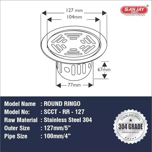 Sanjay Chilly Round Ringo Floor Drainer with Cockroach Trap Sliver 127 mm, ‎SCCT-RR-127