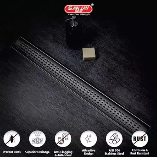 Sanjay Chilly Square Shower Drain Channel Ultra Black Side Hole 100 x 600 mm, SCDSQUB-600