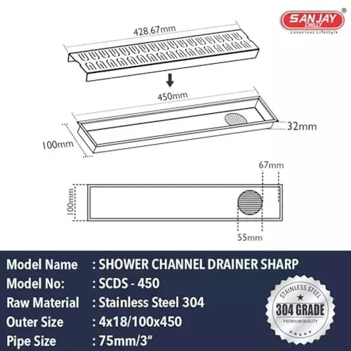 Sanjay Chilly Sharp Shower Drain Channel Silver Side Hole 100 x 450 mm, SCDS- 450