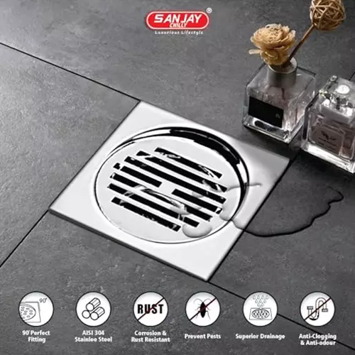 Sanjay Chilly Tof Square Classic Floor Drainer Silver 127 x 127 mm, TOF-SC-127