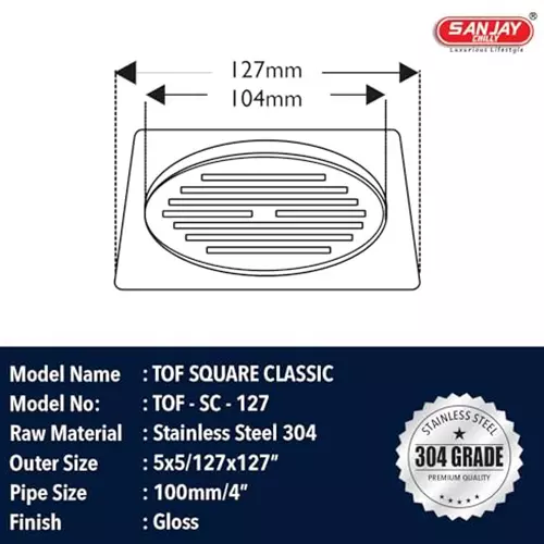 Sanjay Chilly Tof Square Classic Floor Drainer Silver 127 x 127 mm, TOF-SC-127