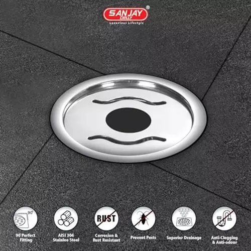 Sanjay Chilly Tof Round Gypsy Floor Drainer with Pipe Hole Silver 127 mm, TOF-RWG-127