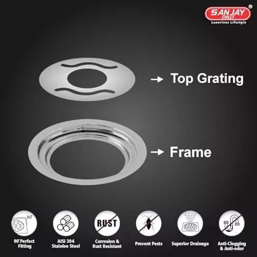 Sanjay Chilly Tof Round Gypsy Floor Drainer with Pipe Hole Silver 127 mm, TOF-RWG-127