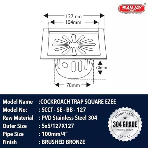 Sanjay Chilly Square Ezee Floor Drainer With Cockroach Trap Brushed Bronze 127 x 127 mm, SCCT-SE-BB-127