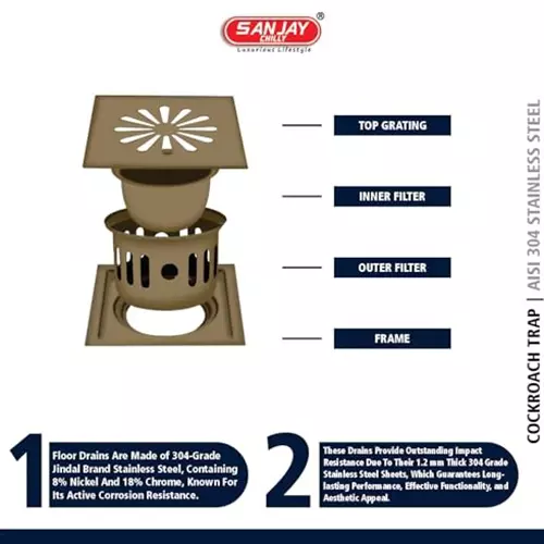 Sanjay Chilly Square Ezee Floor Drainer With Cockroach Trap Brushed Bronze 127 x 127 mm, SCCT-SE-BB-127