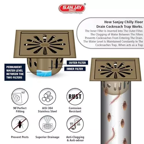 Sanjay Chilly Square Ezee Floor Drainer With Cockroach Trap Brushed Bronze 127 x 127 mm, SCCT-SE-BB-127