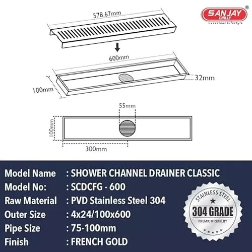 Sanjay Chilly Arena Shower Channel Drainer Gold 101.6 x 609.6 mm (‎4 x 24 inch), CH-SCDAFG-600