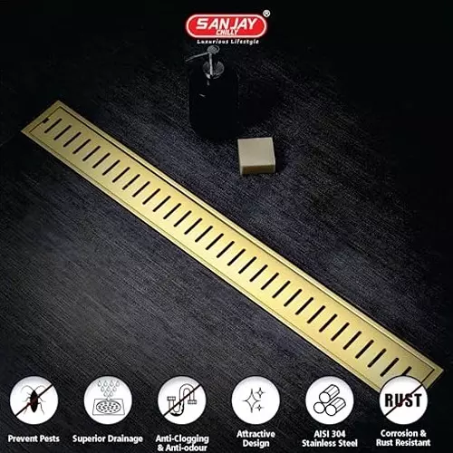 Sanjay Chilly Arena Shower Channel Drainer Gold 101.6 x 609.6 mm (‎4 x 24 inch), CH-SCDAFG-600