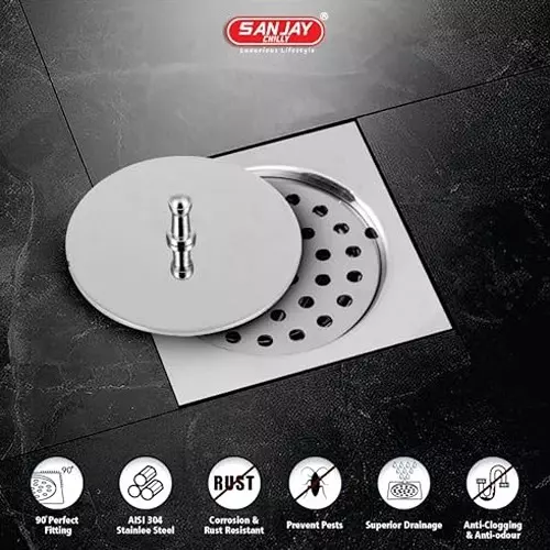 Sanjay Chilly Square Floor Drain With Lid Silver 101.6 x 101.6 mm (4 x4 inch), IK-S-101
