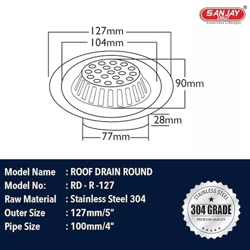 Sanjay Chilly Roof Drainer Silver 127 mm (5 inch), RD-R-127