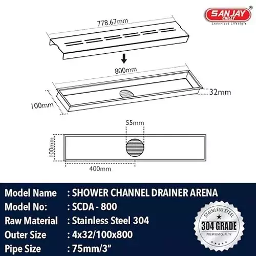 Sanjay Chilly Arena Shower Drain Channel Silver 100x800 mm (‎4 x 32 inch), ‎SCDA-CH-800