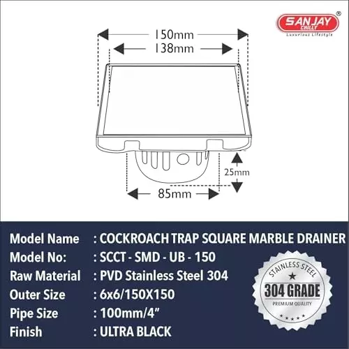 Sanjay Chilly Square Marble Floor Drainer with Cockroach Trap Black 153 x 153 mm, ‎SCCT-STD-UB-150