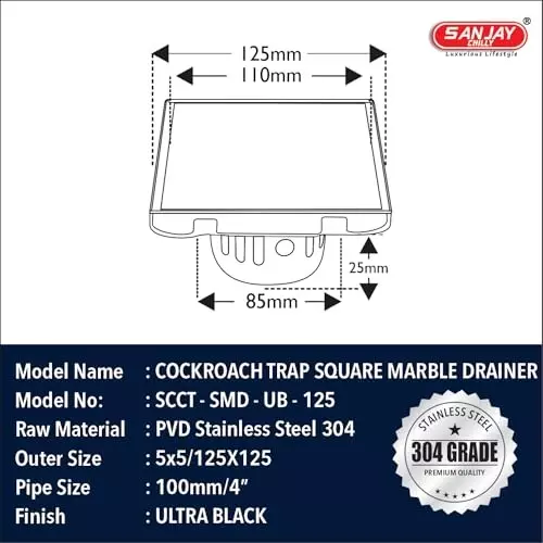 Sanjay Chilly Square Marble Floor Drainer with Cockroach Trap Black 127 x 127 mm, ‎SCCT-STD-UB-125