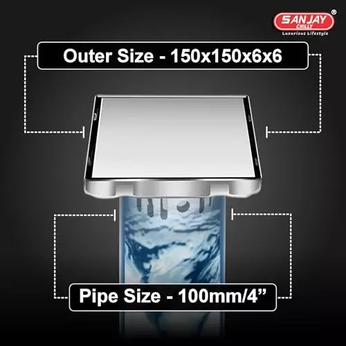 Sanjay Chilly Square Marble Floor Drainer with Cockroach Trap Silver 153 x 153 mm, ‎SCCT-STD-150