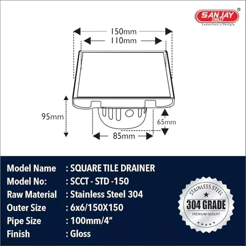 Sanjay Chilly Square Marble Floor Drainer with Cockroach Trap Silver 153 x 153 mm, ‎SCCT-STD-150