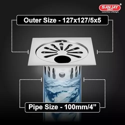 Sanjay Chilly Square Ezee Gypsy Floor Drainer with Cockroach Trap and Pipe Hole Sliver 127 x 127 mm, ‎SCCT-SEG-127