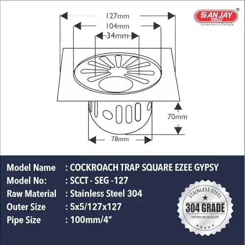Sanjay Chilly Square Ezee Gypsy Floor Drainer with Cockroach Trap and Pipe Hole Sliver 127 x 127 mm, ‎SCCT-SEG-127