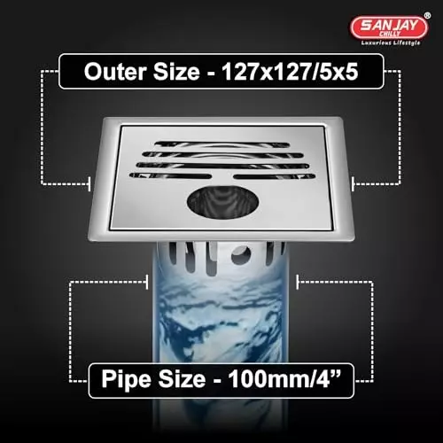 Sanjay Chilly Square Classic Gypsy Golden Floor Drainer with Cockroach Trap and Pipe Hole Silver 127 x 127 mm, ‎SCCT-SCG-GS-127