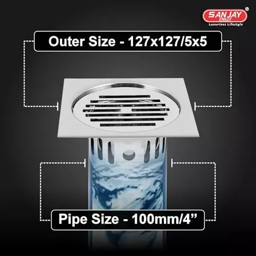 Sanjay Chilly Square Classic Floor Drainer with Cockroach Trap Silver 127 x 127 mm, ‎SCCT-SC-127