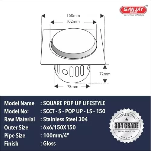 Sanjay Chilly Square POP UP Lifestyle Floor Drainer with Cockroach Trap Silver 153 x 153 mm, ‎SCCT-S-POP-UP-LS-150