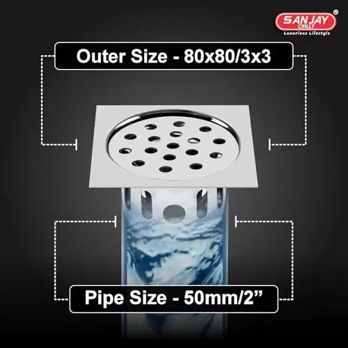 Sanjay Chilly Square Floor Drainer with Cockroach Trap Silver 76 x 76 mm, ‎SCCT-S-76