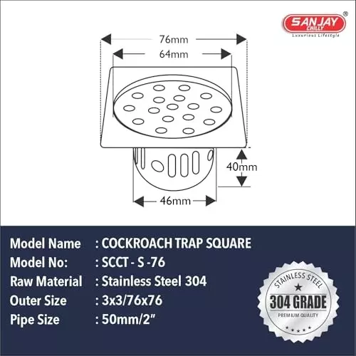 Sanjay Chilly Square Floor Drainer with Cockroach Trap Silver 76 x 76 mm, ‎SCCT-S-76