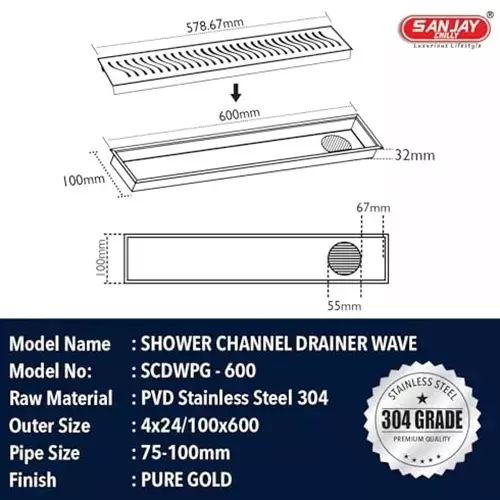 Sanjay Chilly Wave Shower Drain Channel Pure Gold Side Hole 100 x 600 mm, SCDWPG-600