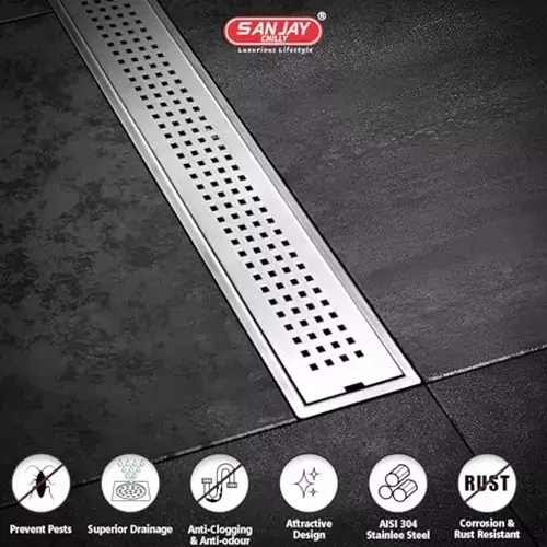 Sanjay Chilly Square Shower Drain Channel Silver Side Hole 100 x 1500 mm, SCDSQ- 1500