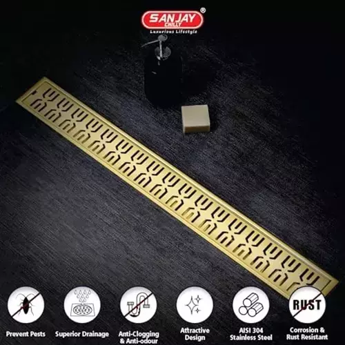 Sanjay Chilly Sharp Shower Drain Channel French Gold Side Hole 100 x 600 mm, SCDSFG-600
