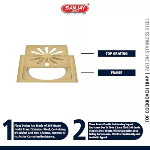 Sanjay Chilly Tof Square Ezee Floor Drainer Gold 127 x 127 mm, TOF-SE-FG-127