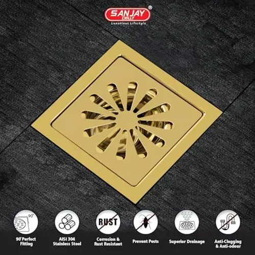 Sanjay Chilly Tof Square Ezee Floor Drainer Gold 127 x 127 mm, TOF-SE-FG-127