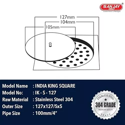 Sanjay Chilly Square Floor Drain With Lid Silver 127 x 127 mm (5 x 5 inch), IK-S-127