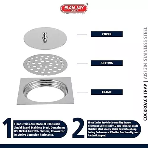 Sanjay Chilly Square Floor Drain With Lid Silver 127 x 127 mm (5 x 5 inch), IK-S-127