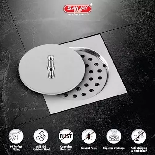 Sanjay Chilly Square Floor Drain With Lid Silver 127 x 127 mm (5 x 5 inch), IK-S-127