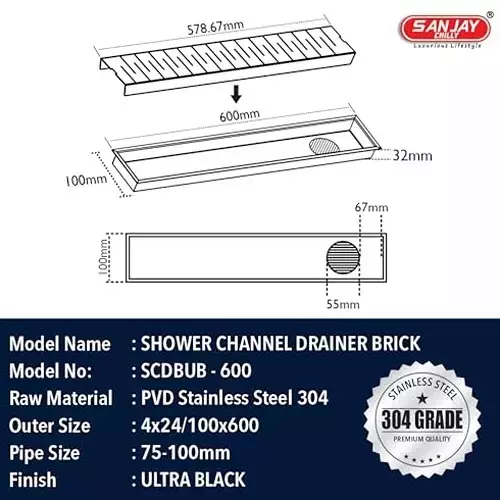 Sanjay Chilly Brick Shower Drain Channel Ultra Black 100x600 mm (‎4 x 24 inch), ‎SCDBUB-600