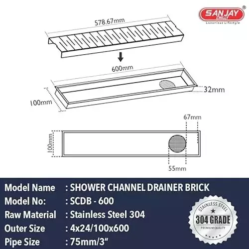 Sanjay Chilly Shower Drain Channel Silver 100x600 mm (‎4 x 24 inch), ‎SCDB-600