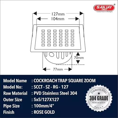 Sanjay Chilly Square Zoom Floor Drainer with Cockroach Trap Rose Gold 127 x 127 mm, SCCT-SZ-RG-127
