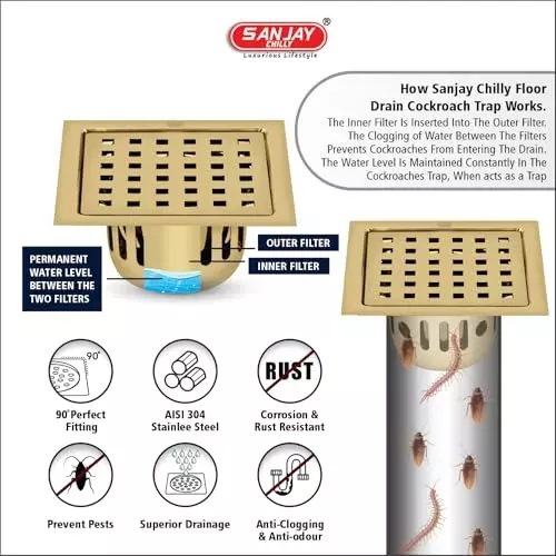 Sanjay Chilly Square Zoom Floor Drainer with Cockroach Trap French Gold 153 x 153 mm, SCCT-SZ-FG-153