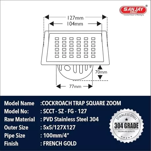 Sanjay Chilly Square Zoom Floor Drainer with Cockroach Trap French Gold 127 x 127 mm, SCCT-SZ-FG-127