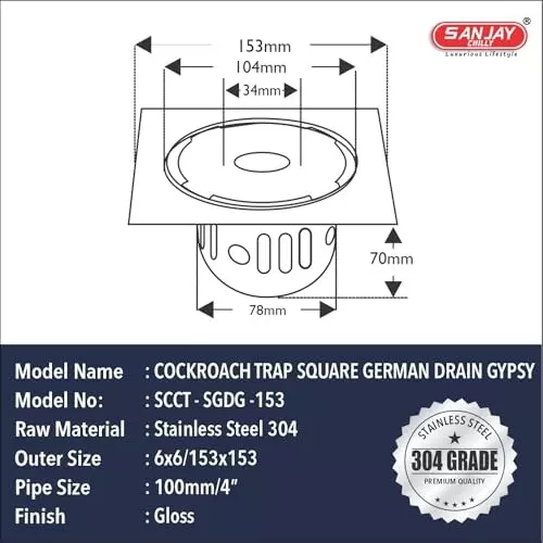 Sanjay Chilly Square German Gypsy Floor Drainer with Cockroach Trap and Pipe Hole Sliver 153 x 153 mm, ‎SCCT-SGDG-153
