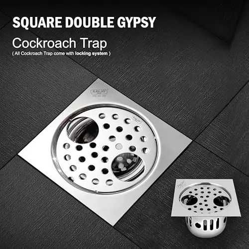 Sanjay Chilly Square Double Gypsy Floor Drainer with Cockroach Trap and Pipe Hole Silver 153 x 153 mm, ‎SCCT-SDG-153
