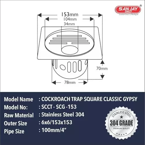Sanjay Chilly Square Classic Gypsy Floor Drainer with Cockroach Trap and Pipe Hole Silver 153 x 153 mm, ‎SCCT-SCG-153